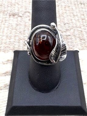 Antique Art Nouveau Sterling Silver Natural Amber Womens Ring 7.5